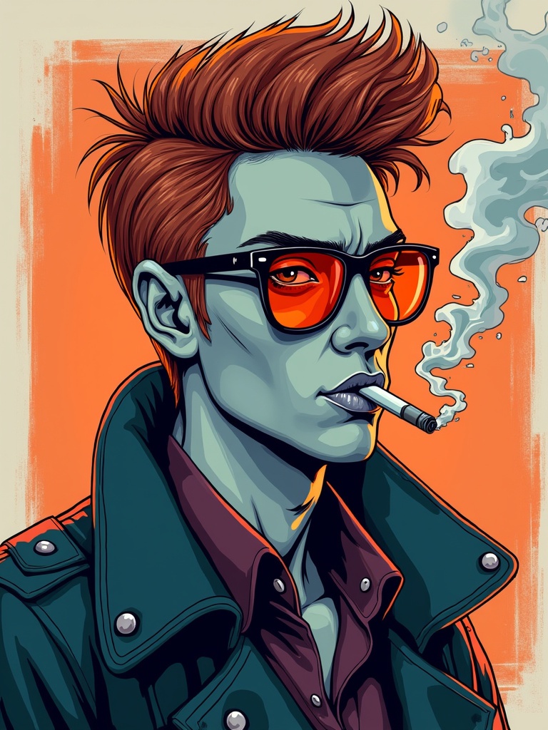 Create a profile picture in crypto punk style with bright orange background. The character has red spiky hair, wears orange lens shades, and smokes an electric cigarette.