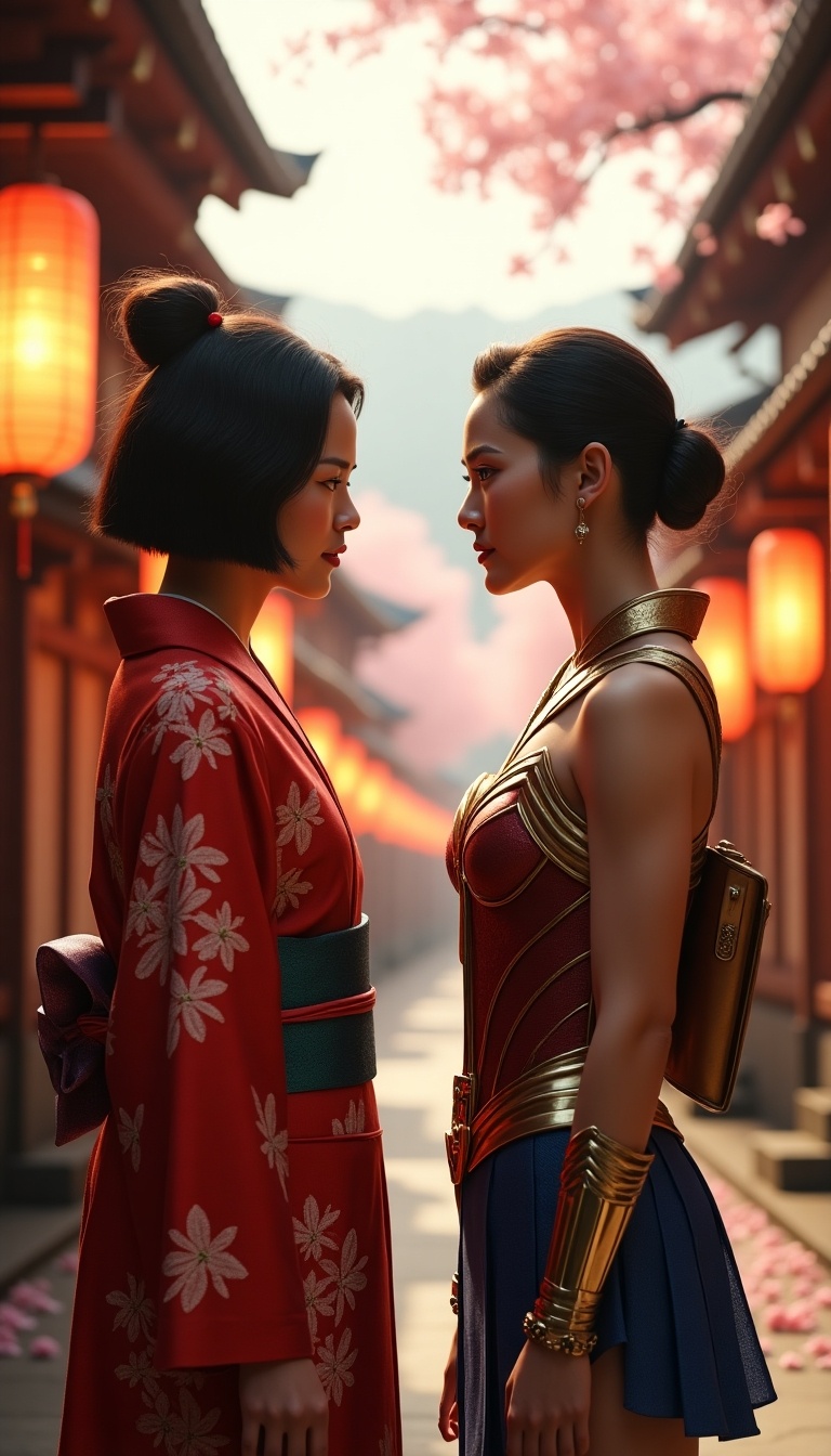 Highly realistic digital artwork featuring modern Japanese woman in stunning kimono with glowing embroidery. Kimono symbolizes strength and grace. Wonder Woman in detailed costume stands in confrontation. Background features traditional Japanese village with LED-lit lanterns and sakura trees. Dramatic golden lighting enhances the scene. Every detail from kimono to armor highlights modern magnificence and cultural authenticity.