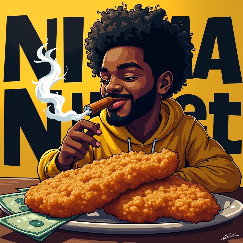 Create a vibrant and engaging illustration featuring a young man with curly hair enjoying deep fried chicken strips while smoking a cigar. He should be depicted with a relaxed expression, surrounded by some cash bills. In the background, include the words 'Nigma Nugget' in bold black letters against a bright yellow backdrop. The overall atmosphere should evoke a sense of fun and enjoyment, perfectly suited for a meme coin profile picture on the Solana blockchain.