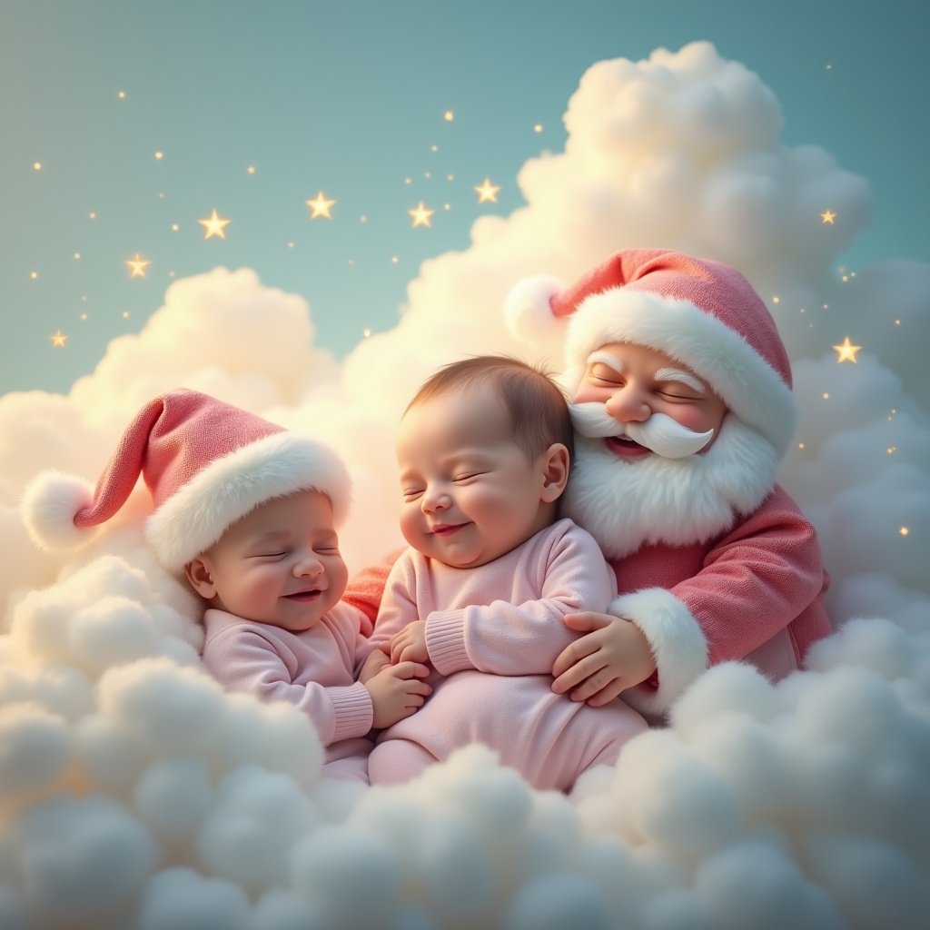 Newborn baby girl in a heavenly scene with Santa Claus.