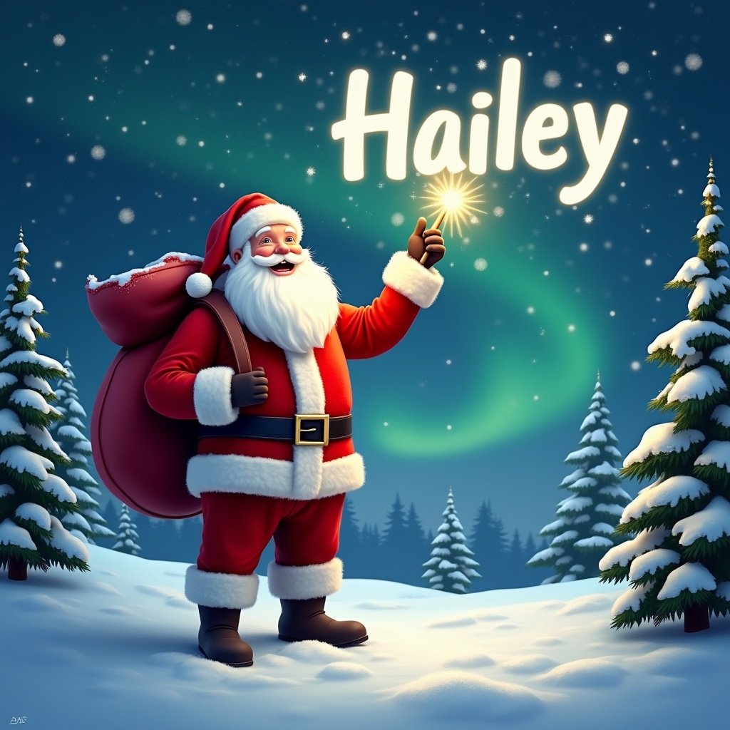 The image features a cheerful Santa Claus standing in a snowy landscape. He has a large red sack slung over his shoulder and is holding a sparkly wand. Santa is dressed in his traditional red and white outfit, complete with a belt and boots. Behind him, the night sky is illuminated with twinkling stars. The night sky glows with the name 'Hailey' created by Santa's wand, surrounded by gently falling snowflakes.