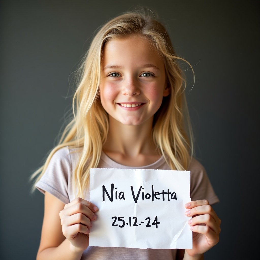 A girl with long blonde hair smiles and holds crumpled paper. The paper has 'Nia Violetta' and date '25.12.24' written on it. Only her right arm and hand are visible.