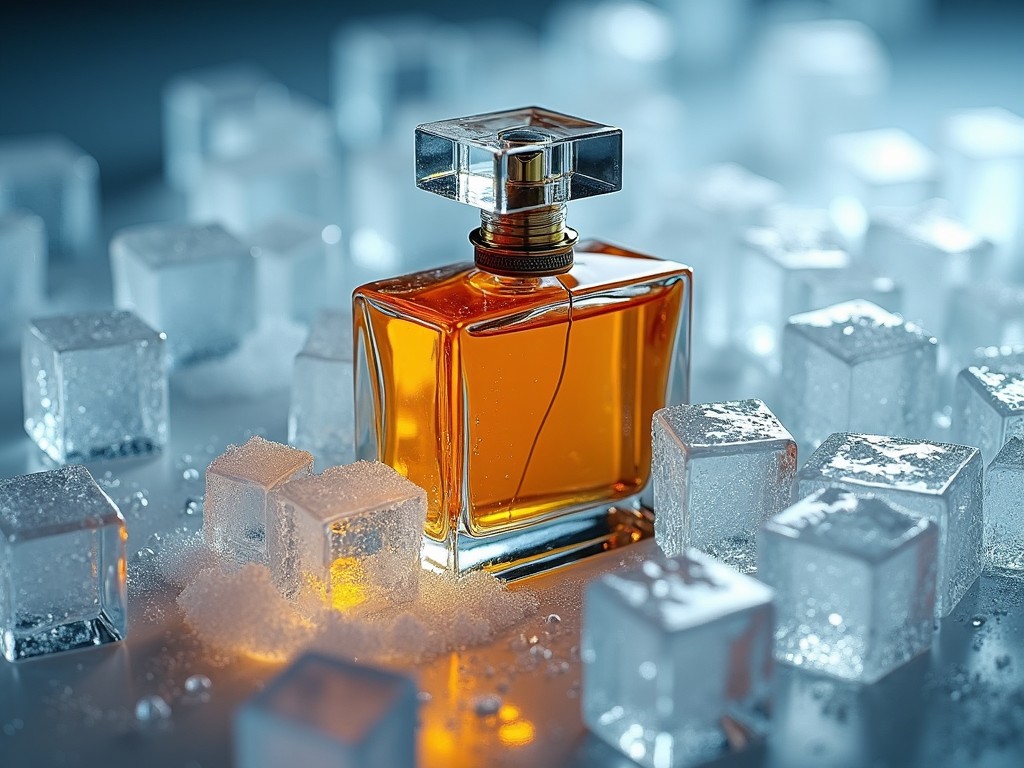 A close-up image of a luxurious perfume bottle with orange liquid, surrounded by ice cubes, to emphasize freshness and elegance.