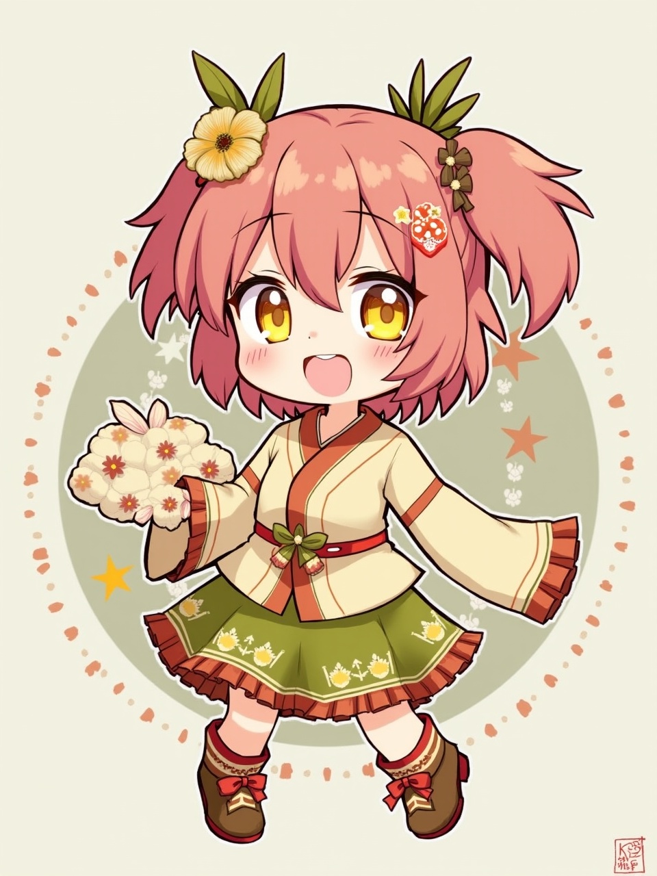 This image is a kawaii-style illustration of a chibi character with pink twin-tailed hair, adorned with flowers. The character is holding a bouquet of flowers and dressed in a traditional-style outfit with earthy green and orange tones. The background contains circular patterns and stars that enhance the whimsical theme.