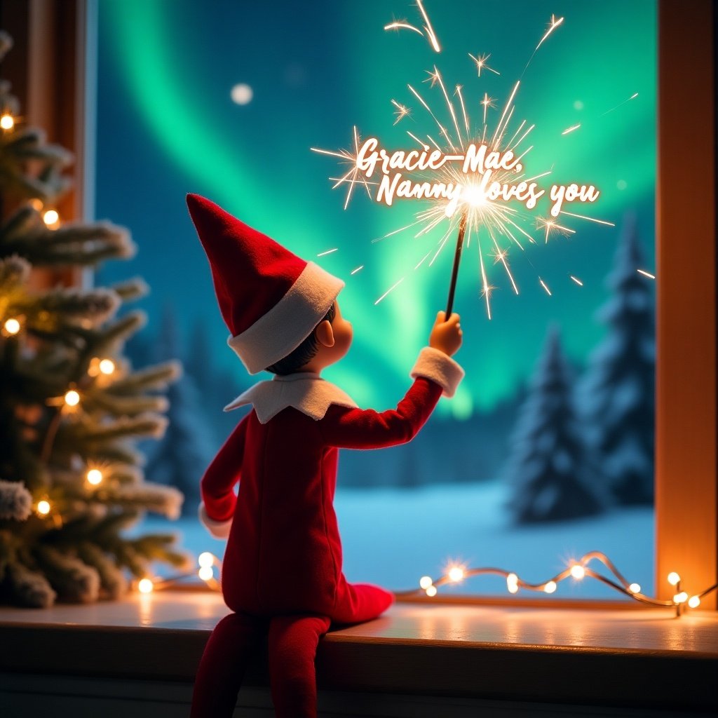 Enchanting Christmas scene with elf on the shelf facing the sky. Elf dressed in red and white holding a magic wand. Writing 'Gracie-Mae, Nanny loves you' with a sparkler. Vibrant northern lights in the background. Festive atmosphere capturing holiday joy.