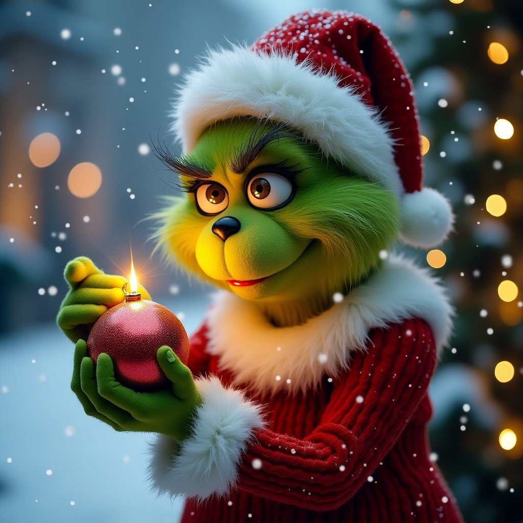 Grinch character in Christmas outfit holding a shiny bauble in a snowy background with lights.