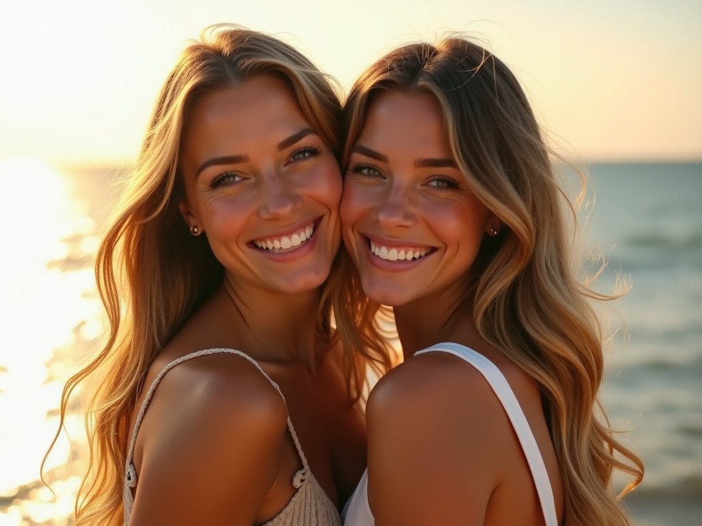 Two beautiful women are smiling and turning towards the camera. They have long, wavy hair that glistens in the sunlight. Both are wearing light-colored outfits that enhance their joyful expressions. The background features a soft, shimmering ocean and a sunset that adds a warm glow. The scene captures a moment of happiness and connection between them.