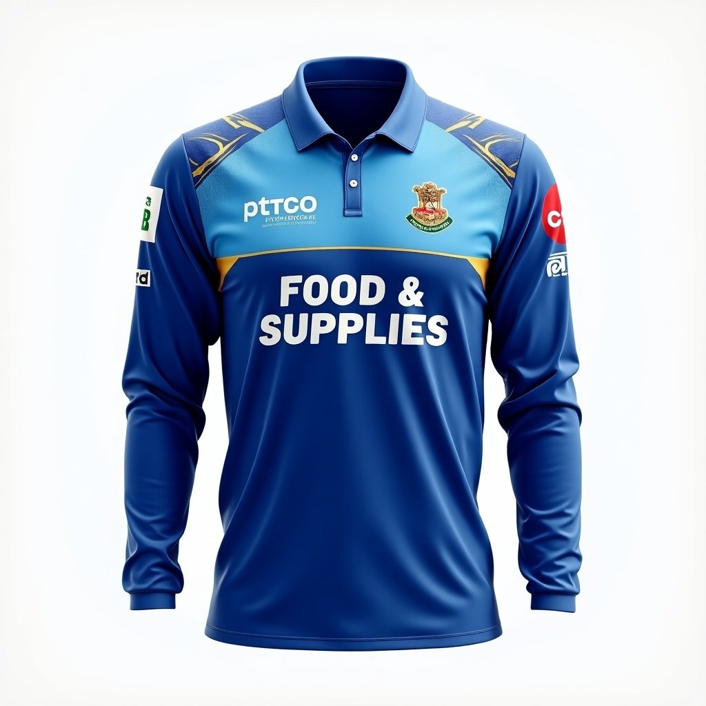 The image displays a full-sleeve cricket jersey in royal blue and sky blue. The jersey features white and gold accents. A West Bengal government logo is on the stomach area. The phrase Food & Supplies is prominently across the chest. There are subtle cricket-themed patterns on the sleeves and shoulders.