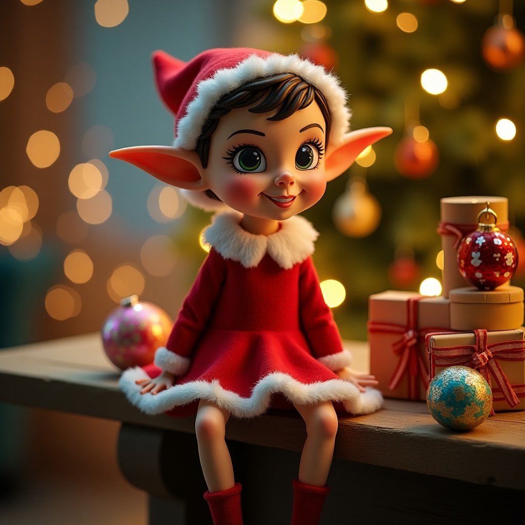 The image features a charming girl elf dressed in a vibrant red outfit with a fluffy white collar. She has large green eyes and cheerful expression. The background is adorned with soft bokeh lights from a decorated Christmas tree. Surrounded by colorful ornaments and neatly wrapped gifts, she sits on a wooden table, evoking a warm and festive holiday spirit. The overall atmosphere is joyful and enchanting, perfect for a Christmas theme.