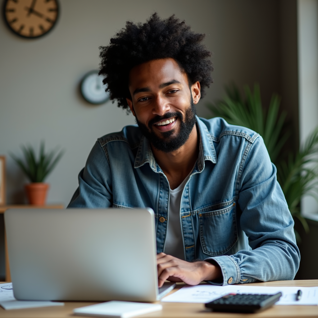 A person is smiling while sitting at a desk with a laptop in a cozy, plant-decorated room.