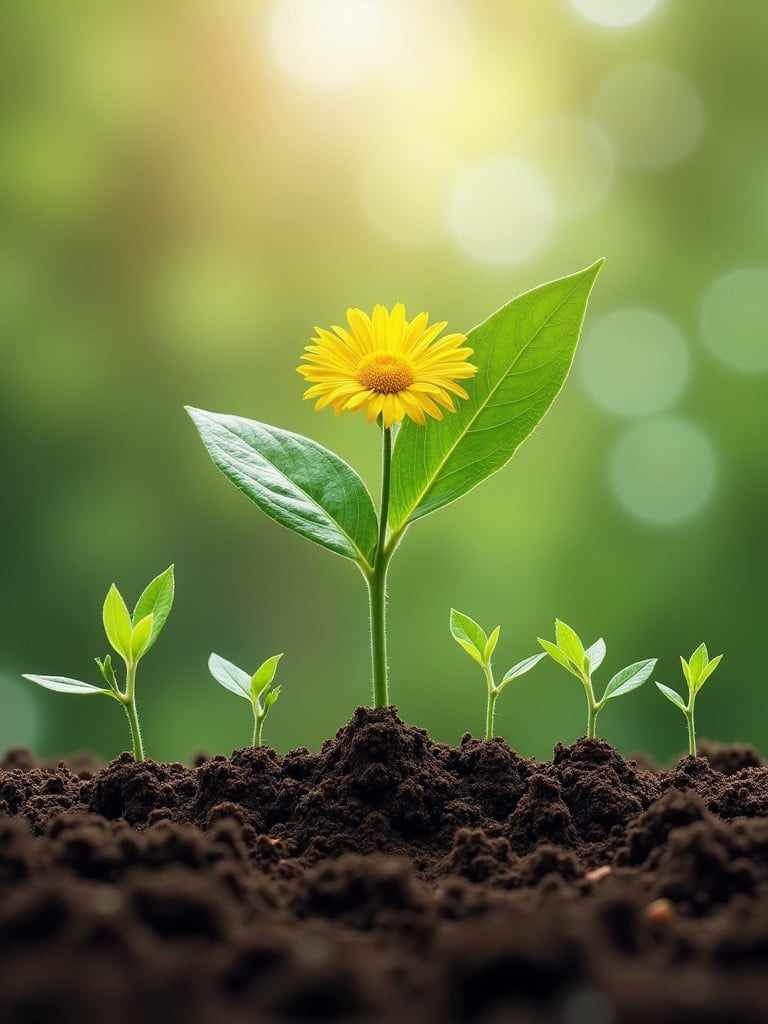 Image depicts a series of plants growing from soil with a central flower emerging. The background features soft bokeh of green lights suggesting a natural setting.