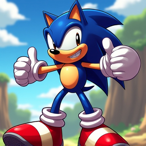 Sonic character with bright blue spikes smiling confidently. Character has red shoes with white stripes. Set against a colorful outdoor background with trees and a bright sky. Character poses with two thumbs up in an energetic manner. Cartoon style illustration that is appealing to children.