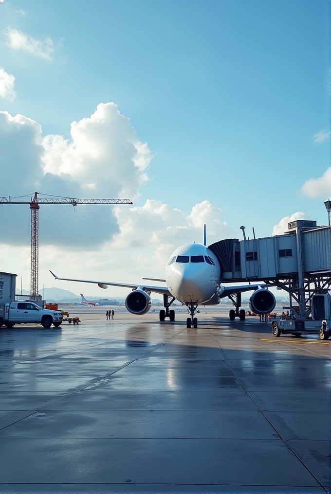 An airplane is parked at an airport terminal under a clear blue sky with clouds and construction cranes nearby.