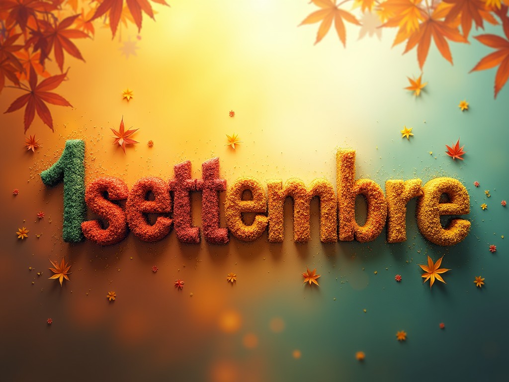 The image features the word '1 settembre' artistically created in a textured design that resembles autumn leaves. The background is a gradient of warm and cool colors, reflecting the transition from summer to autumn. Various falling leaves surround the main text, enhancing the autumn theme and adding a sense of change and cycle characteristic of September.