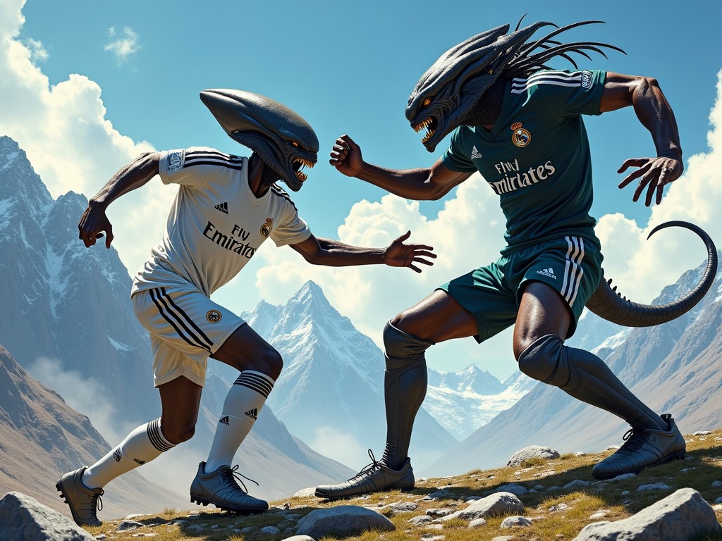 In this striking image, two alien-like creatures wearing soccer jerseys are engaged in an intense face-off amidst a mountainous landscape. The creatures, with large, menacing heads and tails, are clad in Real Madrid's kits, one in white and the other in green. The background features majestic mountains under a clear blue sky, enhancing the surreal and dramatic nature of the scene.