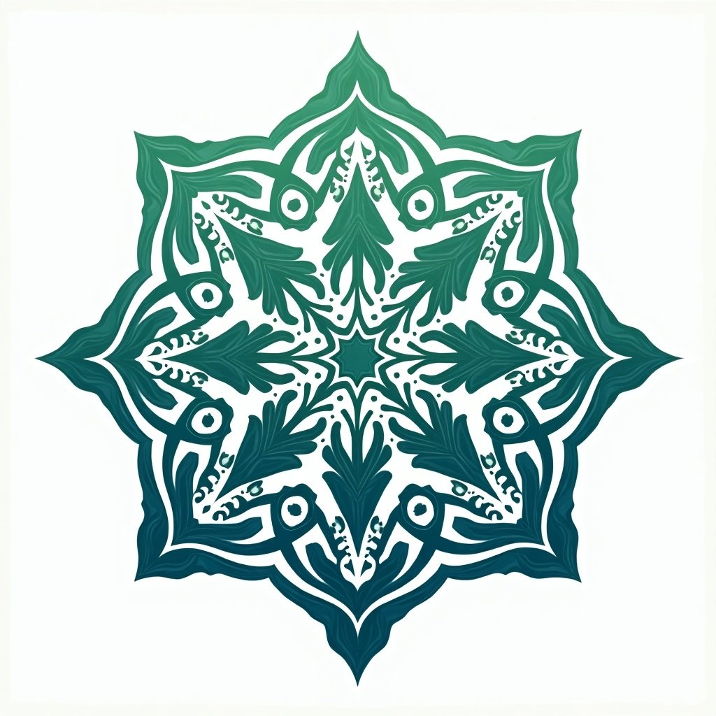 This image features a beautiful design inspired by Ayatul Kursi in Islamic calligraphy. The artwork incorporates intricate geometric patterns, showcasing a star shape. It is adorned in harmonious shades of blue and green. The background is soft, allowing the design to stand out vividly. The symmetry and elegance of the patterns reflect traditional Islamic artistry, ideal for decor or religious purposes.