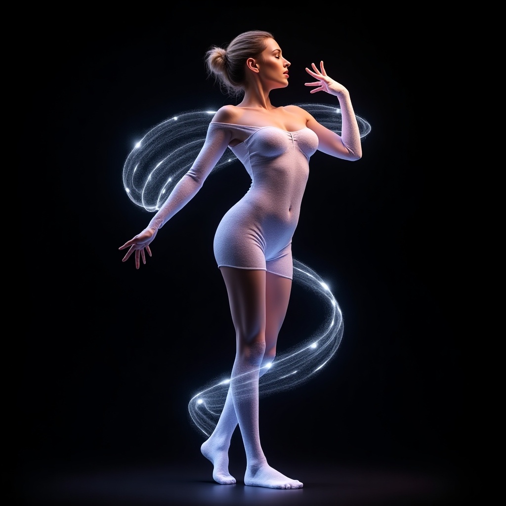 In a captivating display of fluid grace, a beautiful woman poses elegantly against a black background. Her hourglass figure is accentuated by form-fitting attire, while bioluminescent warping waves twist around her arms, chest, stomach, and hips, creating an ethereal glow. The mid shot captures her in a dramatic side light that highlights her features intricately. The artistic style underscores the fluid movement and depth of color, making it a hyperrealistic depiction suitable for diverse visual applications. This full-body shot evokes a sense of dynamism and beauty, perfect for a variety of creative projects.