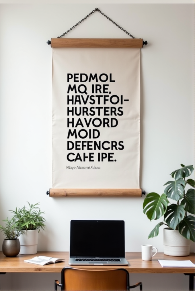 A wall hanging with large bold text above a wooden desk with a laptop and plants.