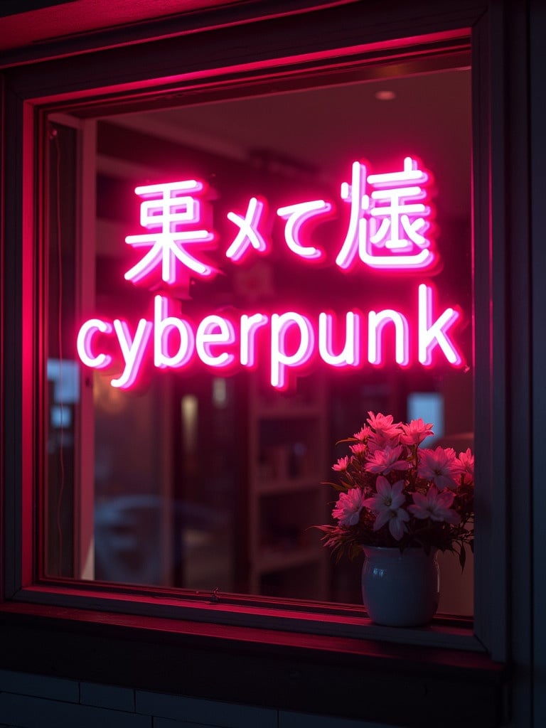 Neon sign displays cyberpunk in Japanese characters. Bright pink lighting glows. Flowers in a vase are present. View is through a window.