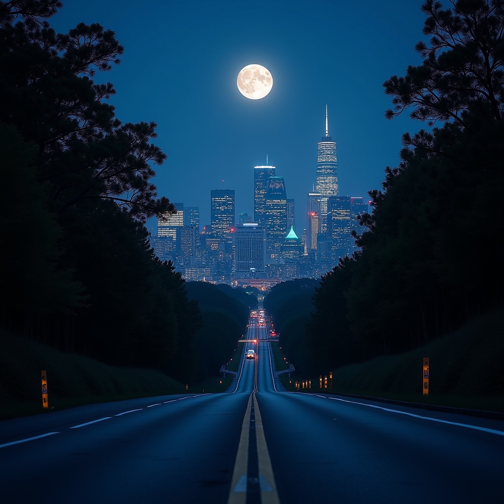 Moonlit road descends through trees towards illuminated city skyline. Scene captures serene nighttime atmosphere.