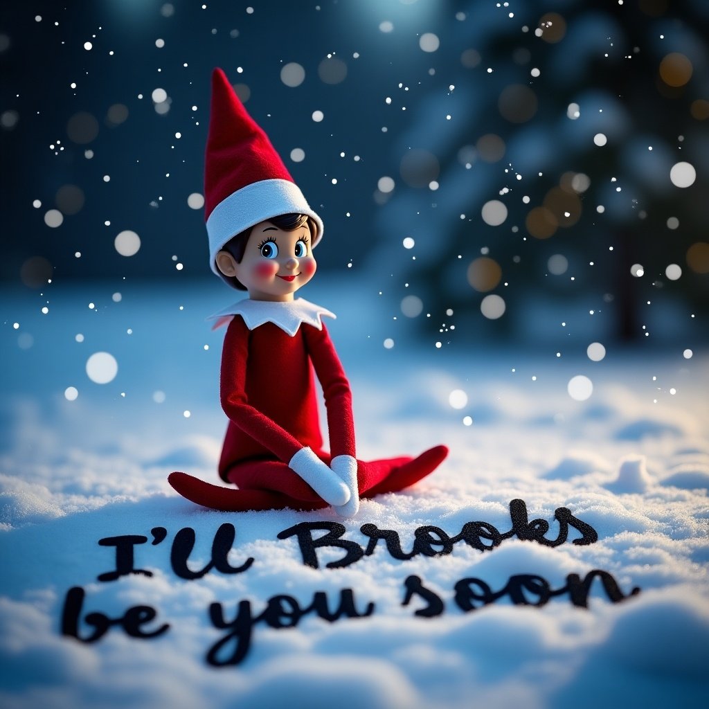 The image depicts a cheerful Elf on the Shelf sitting in a beautiful snowy landscape at night. The Elf is dressed in a traditional red outfit with a playful smile. The snowy ground features the phrase 'I’ll Brooks be you soon' artistically written in black. The scene is illuminated by soft, ambient lighting, creating a warm and magical feel despite the cold imagery. Snowflakes gently fall around, enhancing the holiday spirit. This enchanting setup invites viewers into a whimsical winter wonderland where the Elf is ready for Christmas adventures.