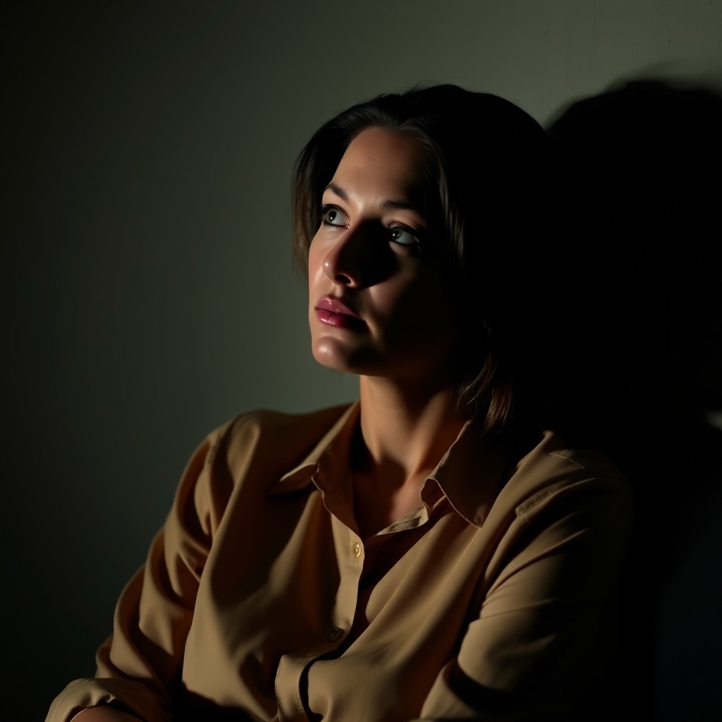 A woman sits in dramatic lighting, casting deep shadows, with a contemplative expression.