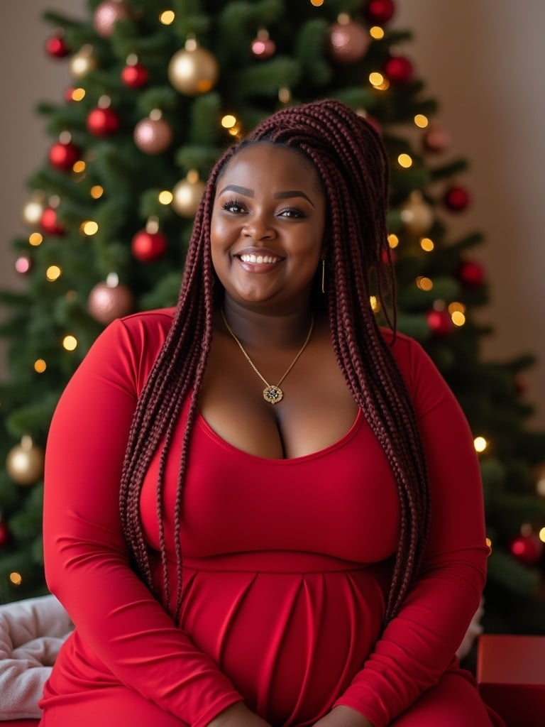 Chubby African girl in a red Christmas dress. She is seated near a decorated Christmas tree. The girl has maroon braids and light chocolate skin. She appears festive and cheerful.