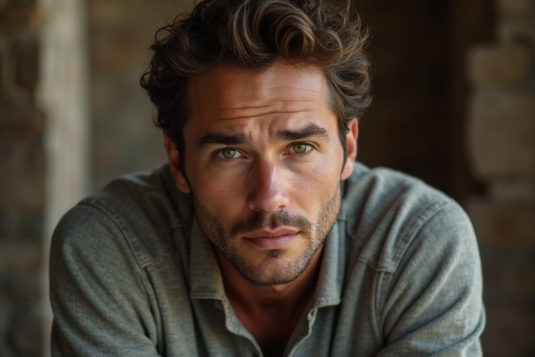 Portrait of an Italian male in a casual gray sweater. The setting has a rustic background with soft lighting. The expression is introspective and thoughtful. The image captures a masculine aesthetic in a cozy atmosphere.