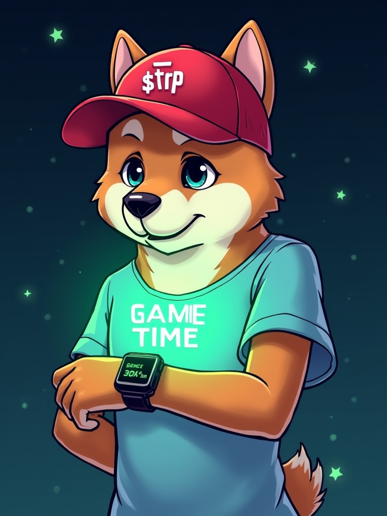 Stylish anthropomorphic Shiba dog character wearing a red cap. Character in a light blue t-shirt. Confident pose against a cosmic background with stars. Watching a high-tech smartwatch on wrist. Hologram shows 'GAME TIME' text. Scene has a sci-fi, digital identity theme. Blends cartoon illustration with futuristic technology.