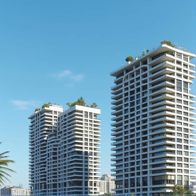 The image features two tall, modern residential skyscrapers with rooftop gardens against a clear blue sky.