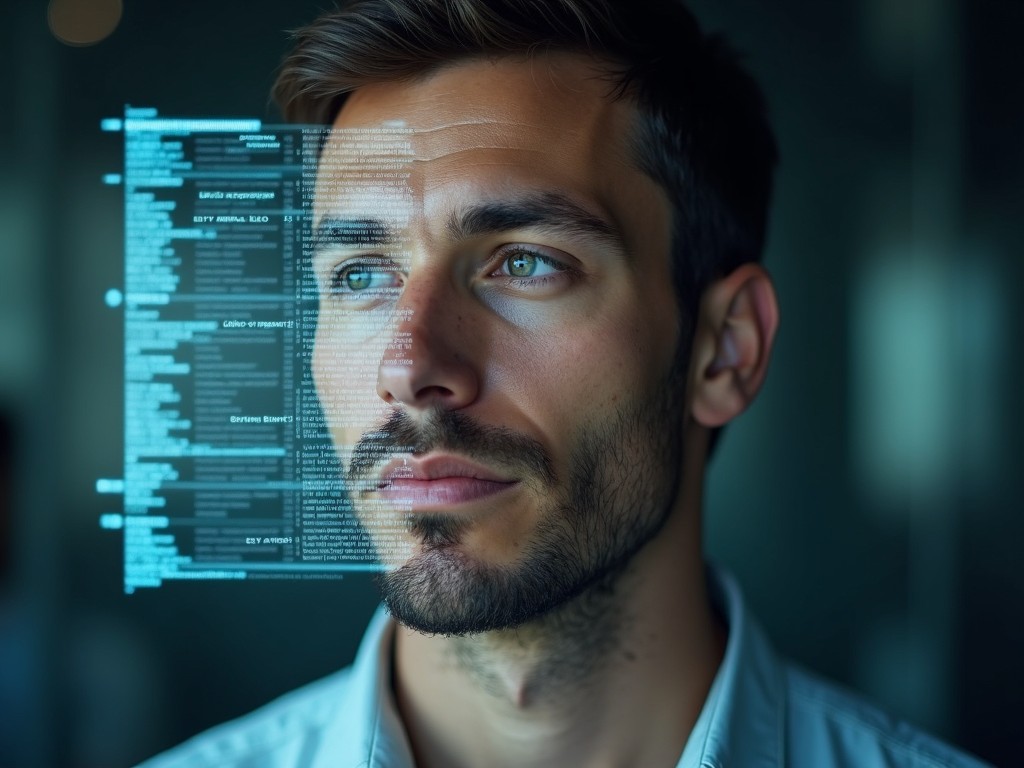 A portrait of a man looks contemplatively into the distance. Half of his face has a digital overlay displaying biometric data points. The lighting is soft, contributing to a tech-focused theme. The background is slightly blurred, enhancing the focus on the subject. This image represents the fusion of humanity and technology, showcasing modern innovations.