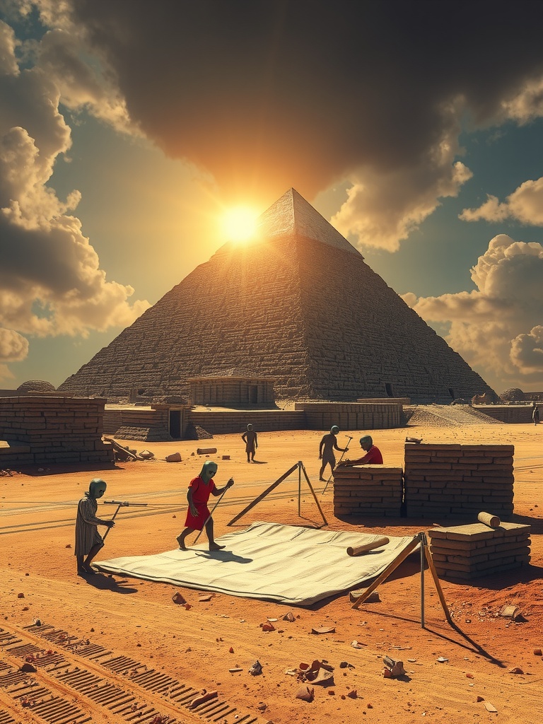 This image depicts a group of workers constructing a pyramid, bathed in the glow of a setting sun. The pyramid, a marvel of ancient engineering, stands majestically against a dramatic sky filled with heavy clouds. The workers in the foreground are engaged in their tasks, their figures outlined sharply by the contrasting light and shadow of the scene.