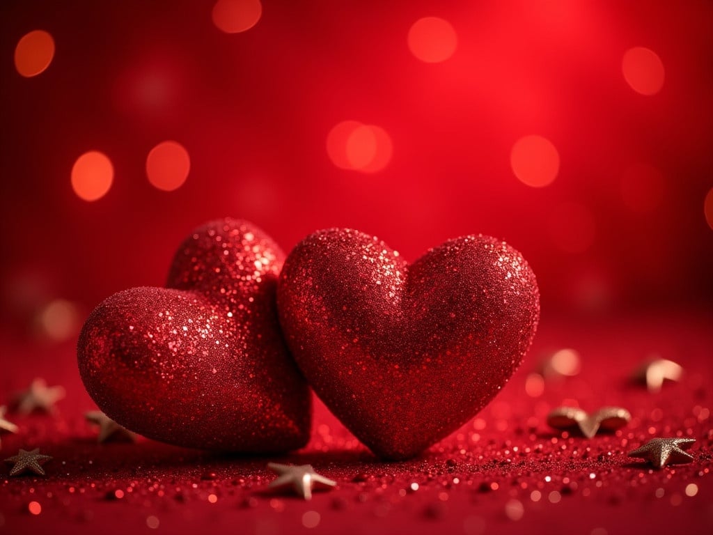 Two glittering red hearts intertwined. They are decorated with sparkling effects. Background has vibrant red hue. Glimmering glitter creates a festive look. Delicate stars twinkle around the hearts. Warmth and affection are evoked. Hearts positioned in the left top corner.