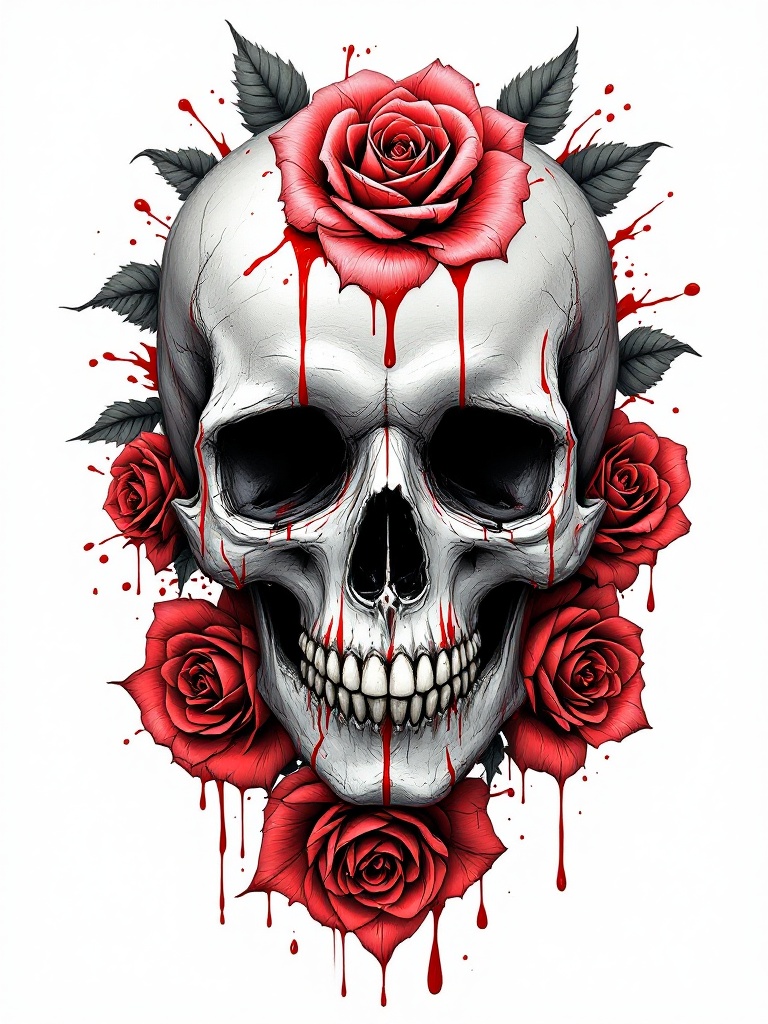 Detailed tattoo design featuring a skull adorned with vibrant red roses and dripping blood. The skull is realistic with intricate shading. Roses surround the skull, enhancing the dramatic effect. Blood drips from the skull, creating a striking image.