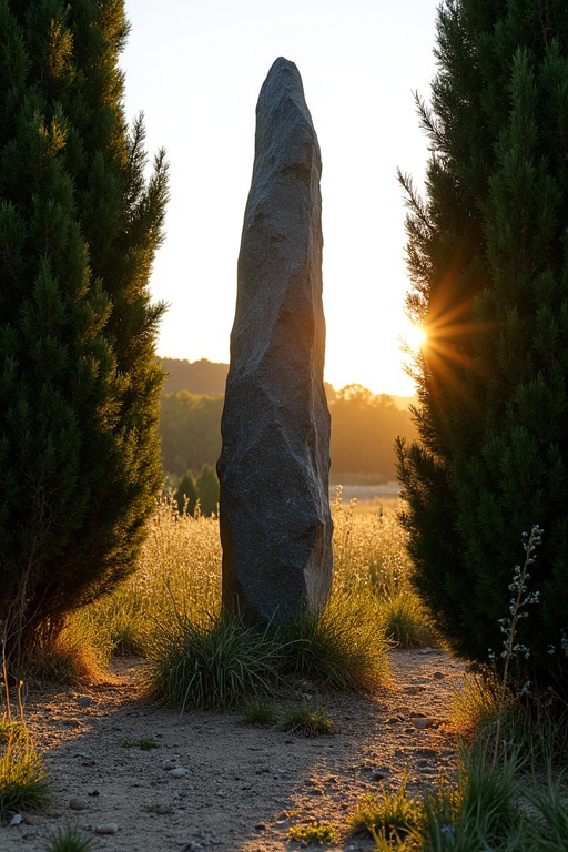 A tall menhir made of dark granite stands prominently. Shrubs frame the menhir on both sides. The ground is stony with sparse wild herbs. The background features a southern French landscape under clear spring evening light. Sunlight radiates off the menhir.