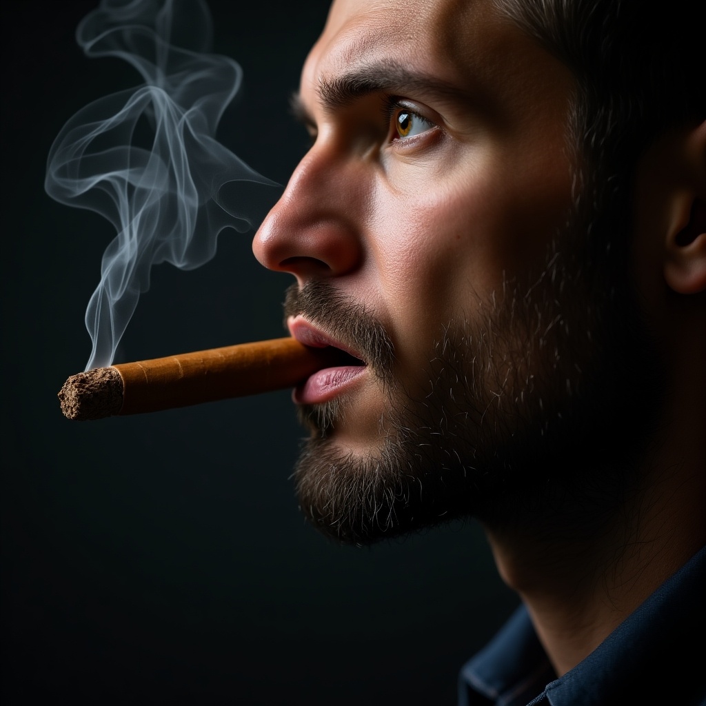 Profile of a man. Cigar in the mouth. Smoke curling around.