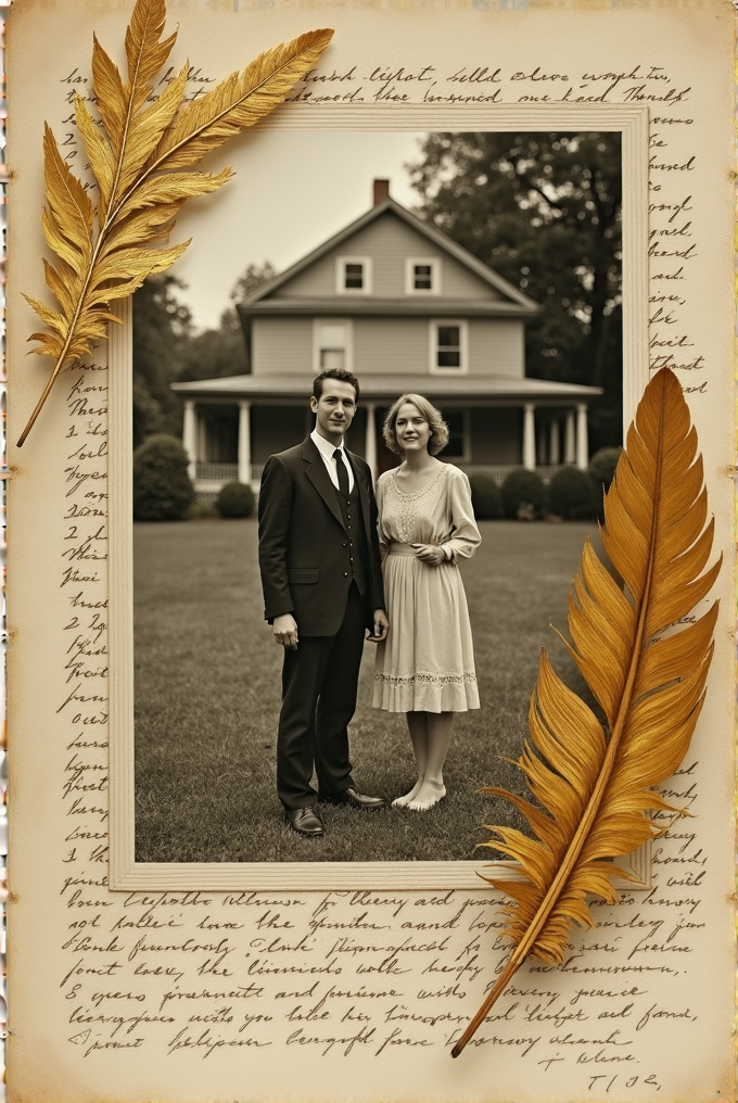 A sepia-toned vintage portrait of a couple standing in front of an elegant house, artistically framed with ornate golden feathers and script.