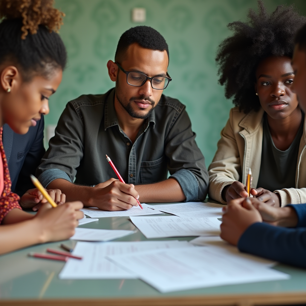 A focused group of four individuals collaborating and taking notes in a professional setting.