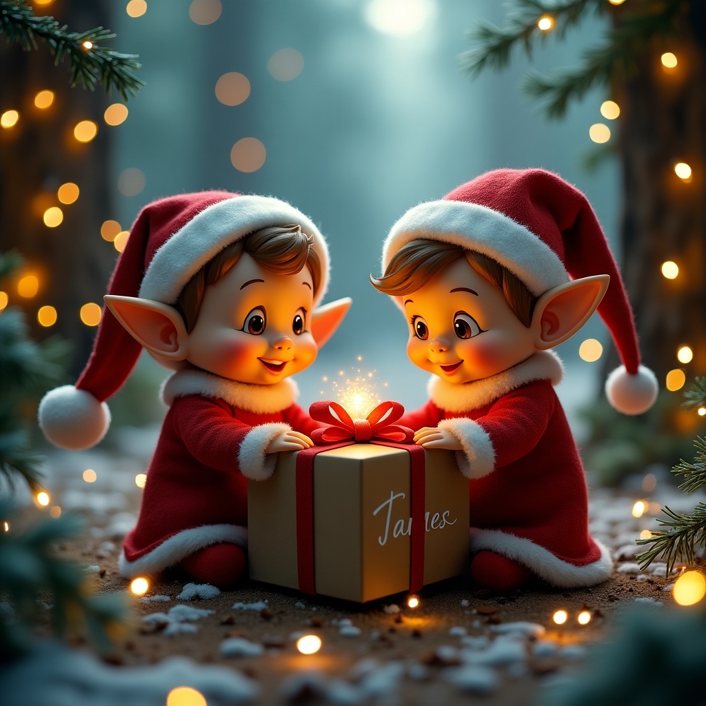 This image features two adorable elves wearing red and white Christmas hats, sitting in a beautiful winter setting. They are smiling and excitedly looking at a golden gift box with the name 'James' on it. The surrounding area is filled with soft snow and glowing holiday lights, creating a magical atmosphere. The elves have pointy ears and joyful expressions, perfect for capturing the spirit of Christmas. The warm lighting enhances the festive mood of the scene.