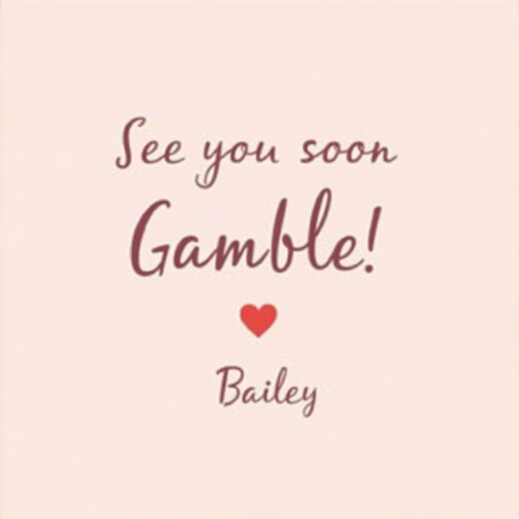 Light pink background with a message. The text says 'See you soon. Gamble!' in stylish font. A small heart symbol below indicates warmth. The name 'Bailey' is written in a cursive style for a personal touch.