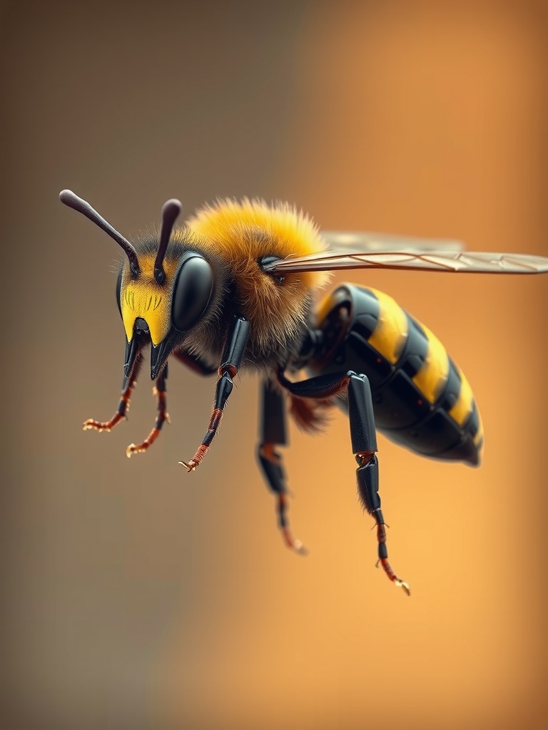 This striking image captures a bee in mid-flight against a warmly lit, blurred background. The bee is highly detailed, showcasing its vibrant yellow and black stripes, translucent wings, and intricately textured body. The soft focus behind the bee accentuates its sharpness and highlights its luminous, fuzzy thorax, creating a captivating contrast.