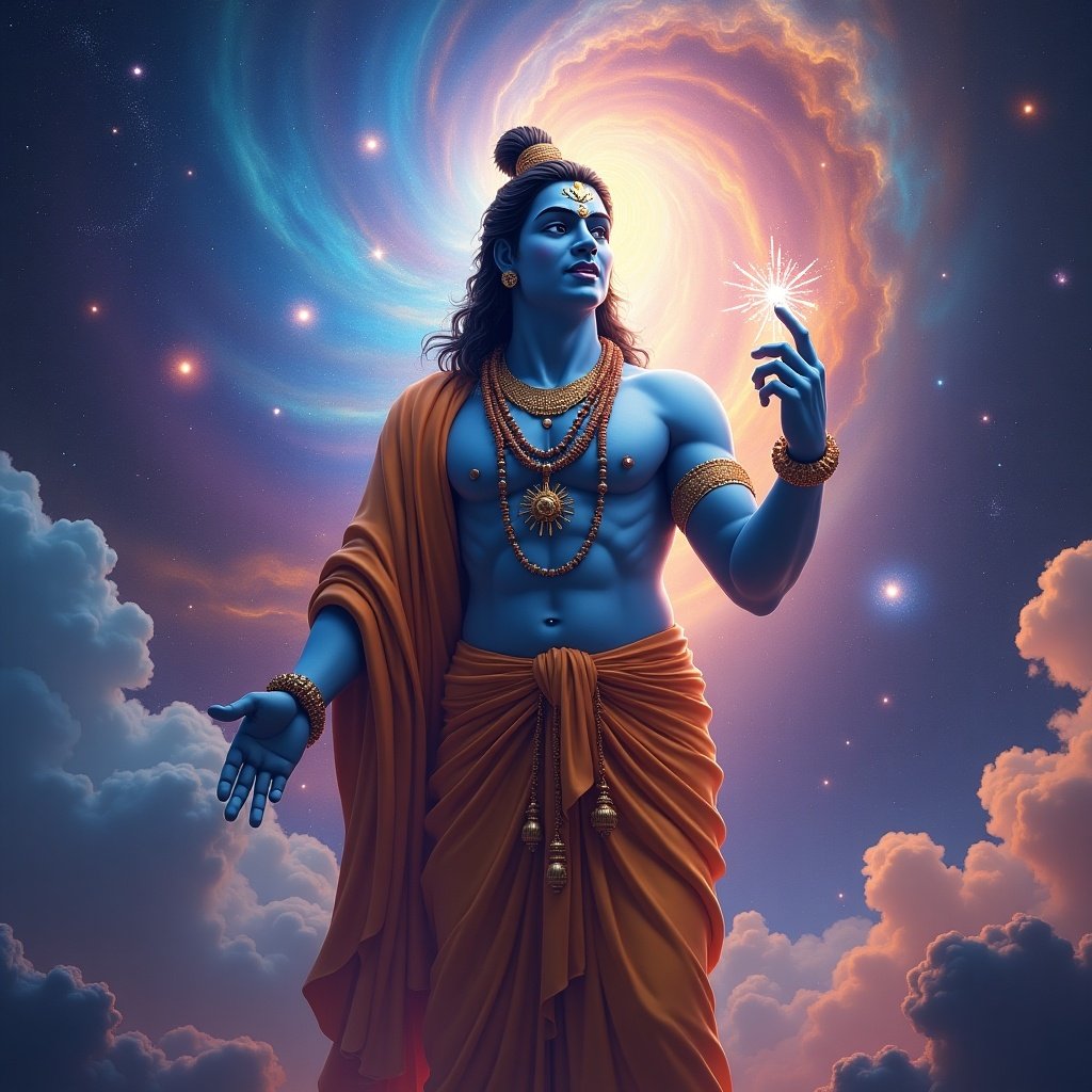 Image of Krishna speaking with a cosmic backdrop. Swirling galaxies and vibrant nebulae create a vivid scene. Krishna radiates wisdom and calmness with an ethereal glow. The artwork is hyper-realistic and colorful.