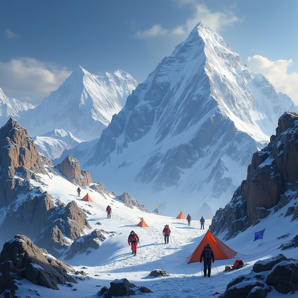 A breathtaking depiction of Mount Everest with snow-covered peaks and rugged terrain. Climbers in colorful gear are seen scaling icy slopes, roped together. Base camp has tents and equipment. Frost-covered rocks enhance realism. The scene captures adventure and extreme conditions.