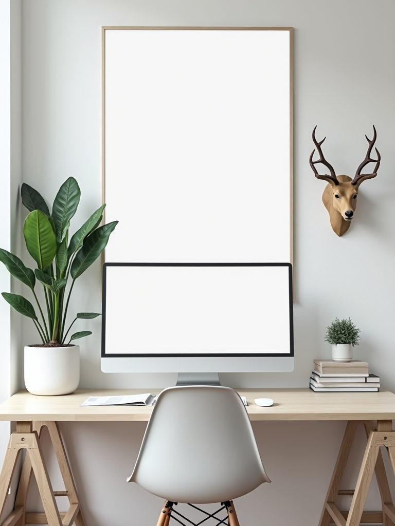 A minimalistic home office setup featuring a sleek monitor on a wooden desk, flanked by a potted plant and a stack of books, with a blank wall art frame and a decorative deer head on the wall.