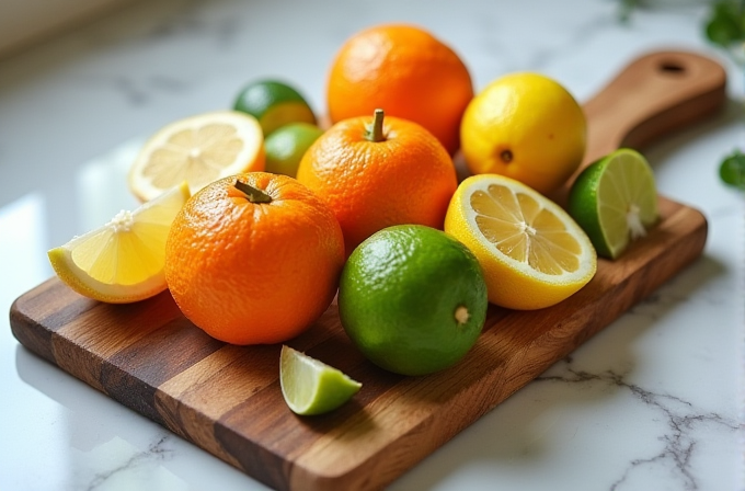 A cutting board holds an assortment of fresh citrus fruits, including oranges, lemons, and limes, some halved to display their juicy interiors.