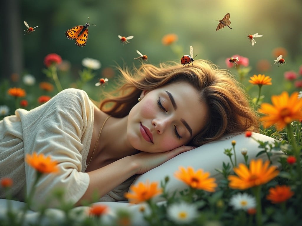 The image depicts a serene scene of a young woman lying peacefully in a field filled with colorful flowers. She has her eyes closed, embodying tranquility and bliss. Surrounding her are butterflies and little ladybugs, adding life to the scene. The soft focus on the background contrasts with the vibrant colors of the flowers, enhancing the overall peaceful atmosphere. The warm lighting suggests an idyllic moment of rest in nature.