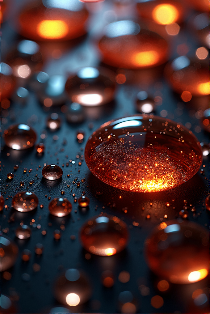 A close-up image of blood-red droplets of liquid, glistening with glowing reflections, against a dark surface.