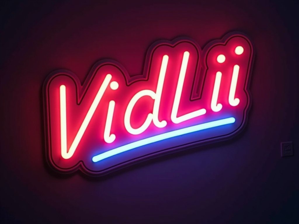 This image showcases a vibrant neon sign reading 'VidLii'. The sign is illuminated in bright colors with a striking pink and blue palette against a dark background. The design captures a retro flair, reminiscent of classic neon aesthetics, making it eye-catching and visually appealing. It’s suitable for various publicity purposes, especially in the digital and entertainment sectors. The smooth, rounded letters contribute to a friendly and modern vibe.