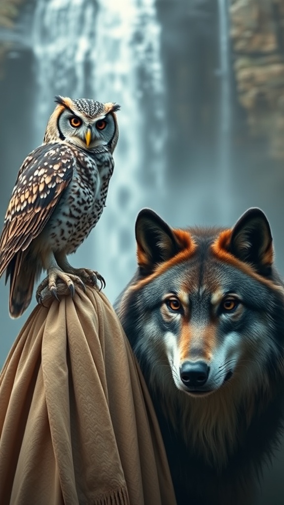 An owl and a wolf stand vigilantly together in front of a waterfall.