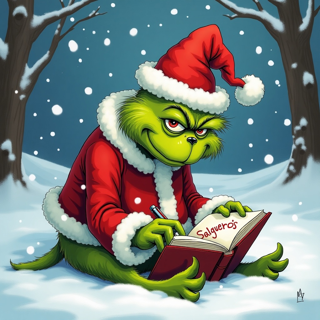 Image shows the Grinch in a Santa outfit. He sits in snow while writing in a book. Snowflakes fall, creating a festive scene. His green fur contrasts with the red outfit.